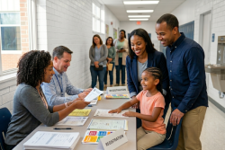 family registering for kindergarten