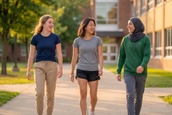 three diverse young ladies are walking on a sunny campus