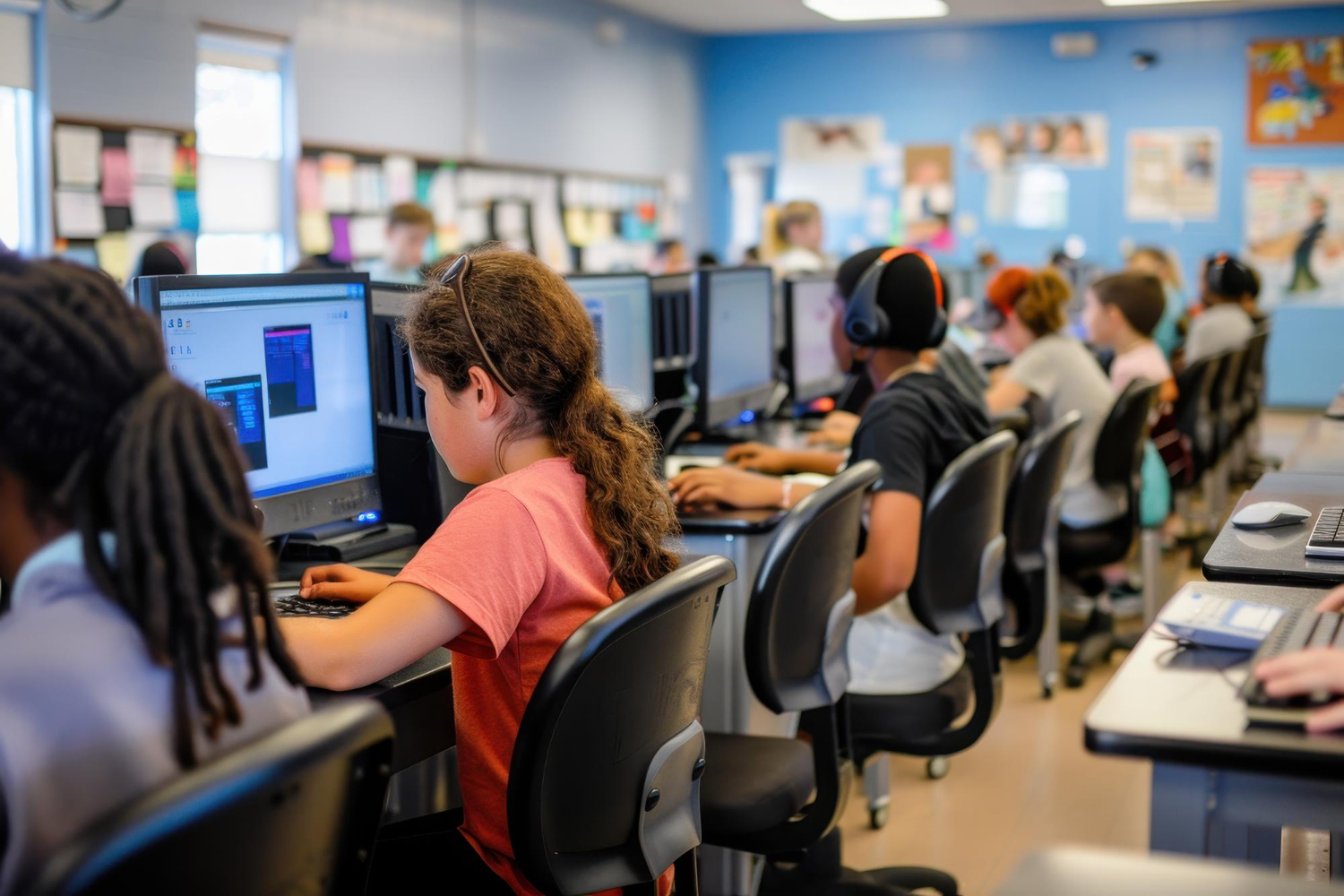 Students work on computers in a brightly lit computer lab.