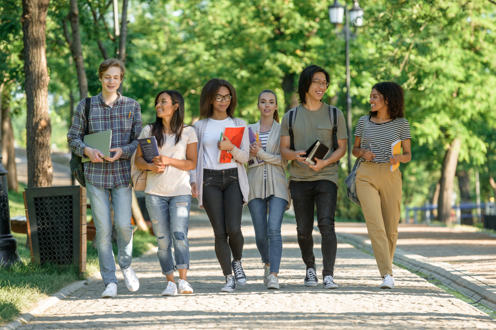 A group of friends walks together on a tree-lined path.
