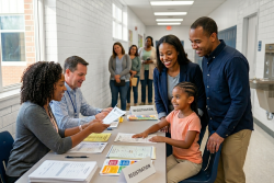 family registering for kindergarten