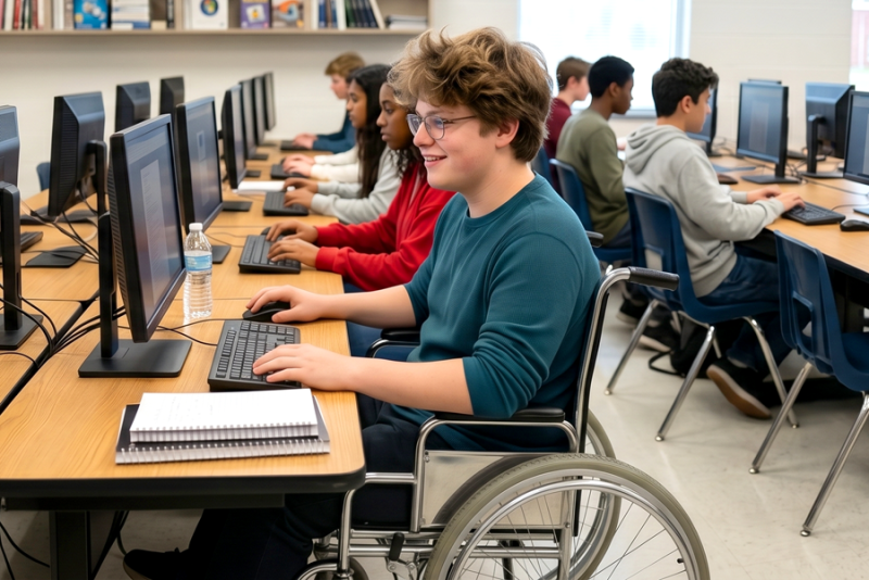 student in a wheelchair sits at a computer in a lab