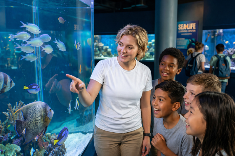 teacher showing fish to students at an aquarium