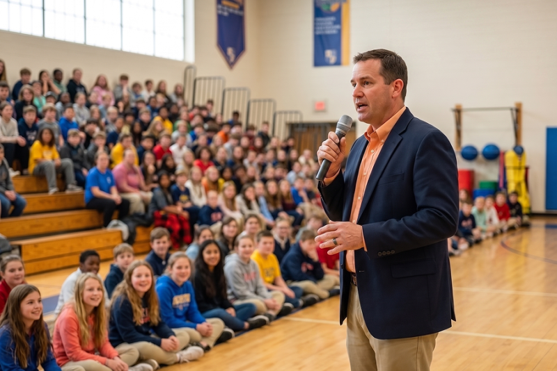 man speaking to students in the school gym