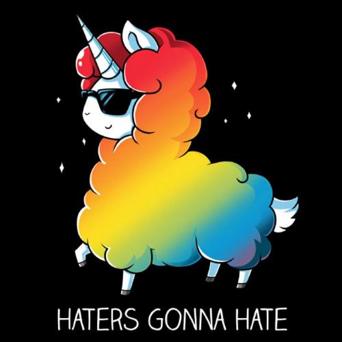 A cartoon llama-unicorn hybrid with rainbow fur and sunglasses on a black background.