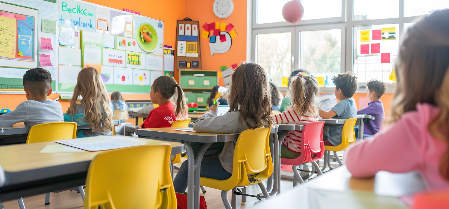 Children sit at tables in a brightly lit classroom.
