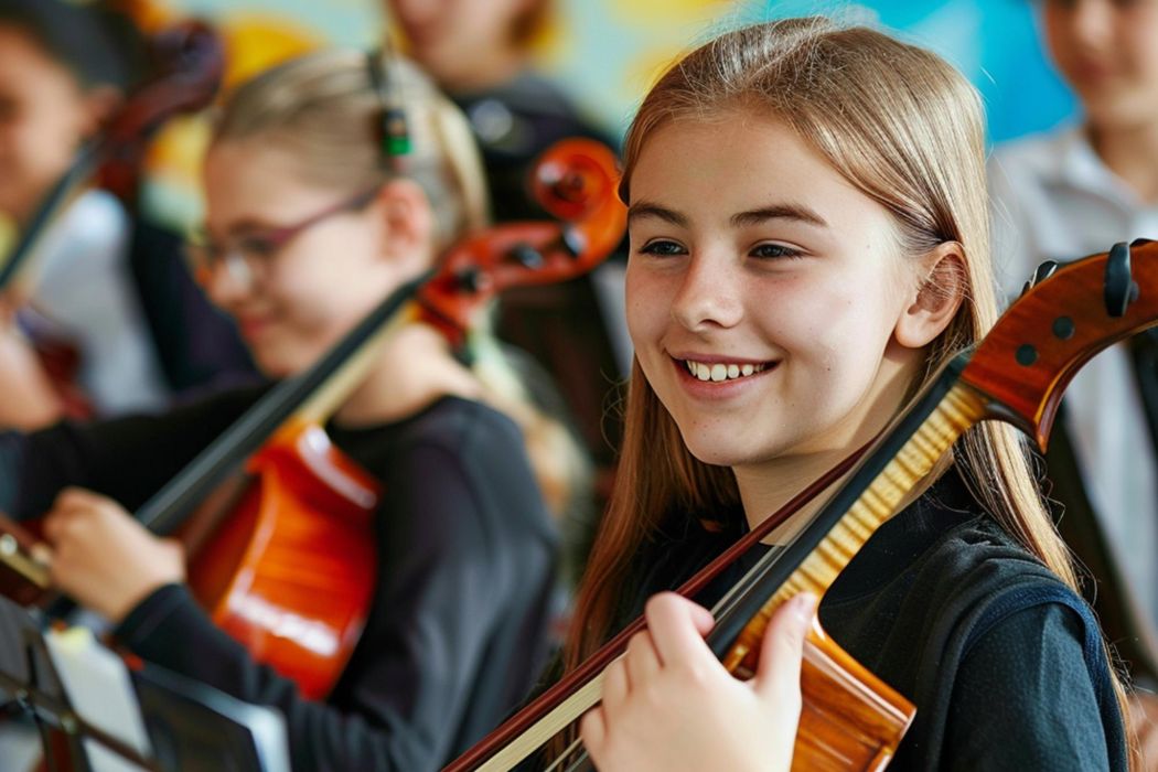A young musician smiles while playing a cello in an orchestra.