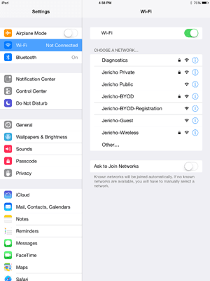 iPhone WiFi settings showing Jericho-BYOD network