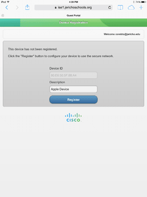 iPhone device registration screen