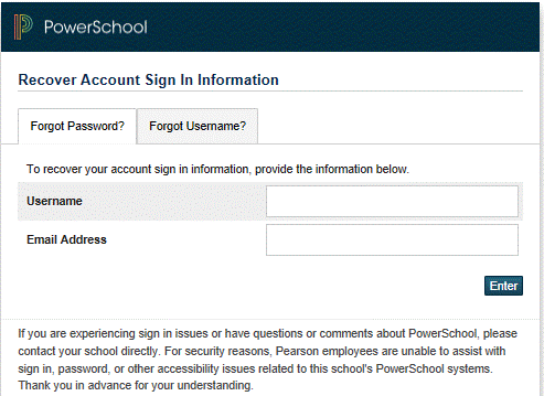 PowerSchool portal recovery interface showing password reset options