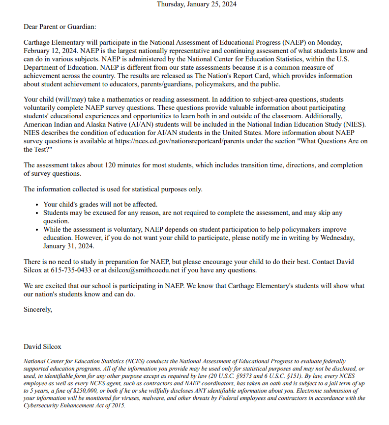 NAEP Assessment Letter