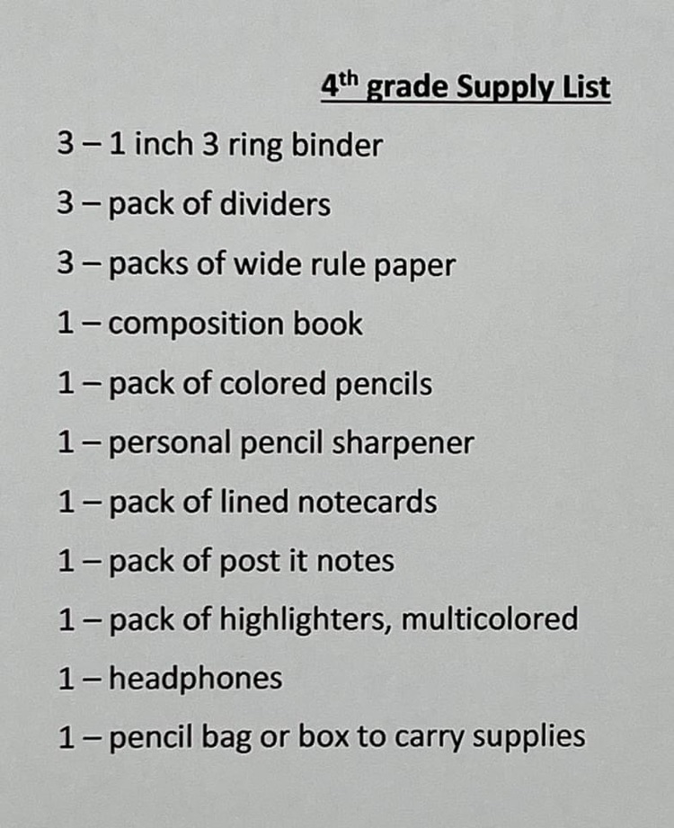 School Supply List 5